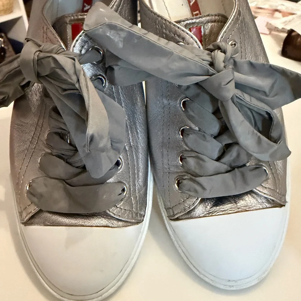 Prada Women's Metallic Silver Lace Up  Sneakers - Picture 5 of 10